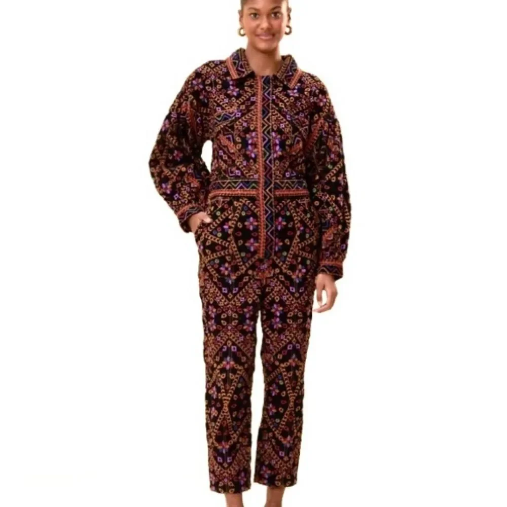 NEW RARE FARM Rio Embroidered Long Sleeve Jumpsuit Corduroy Floral Black $495 XL - Picture 2 of 16